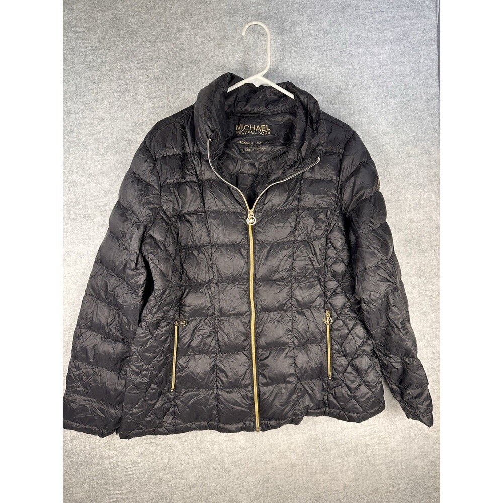 Michael Kors Women's Black Packable Down Puffer Jacket Gold Hardware XXL